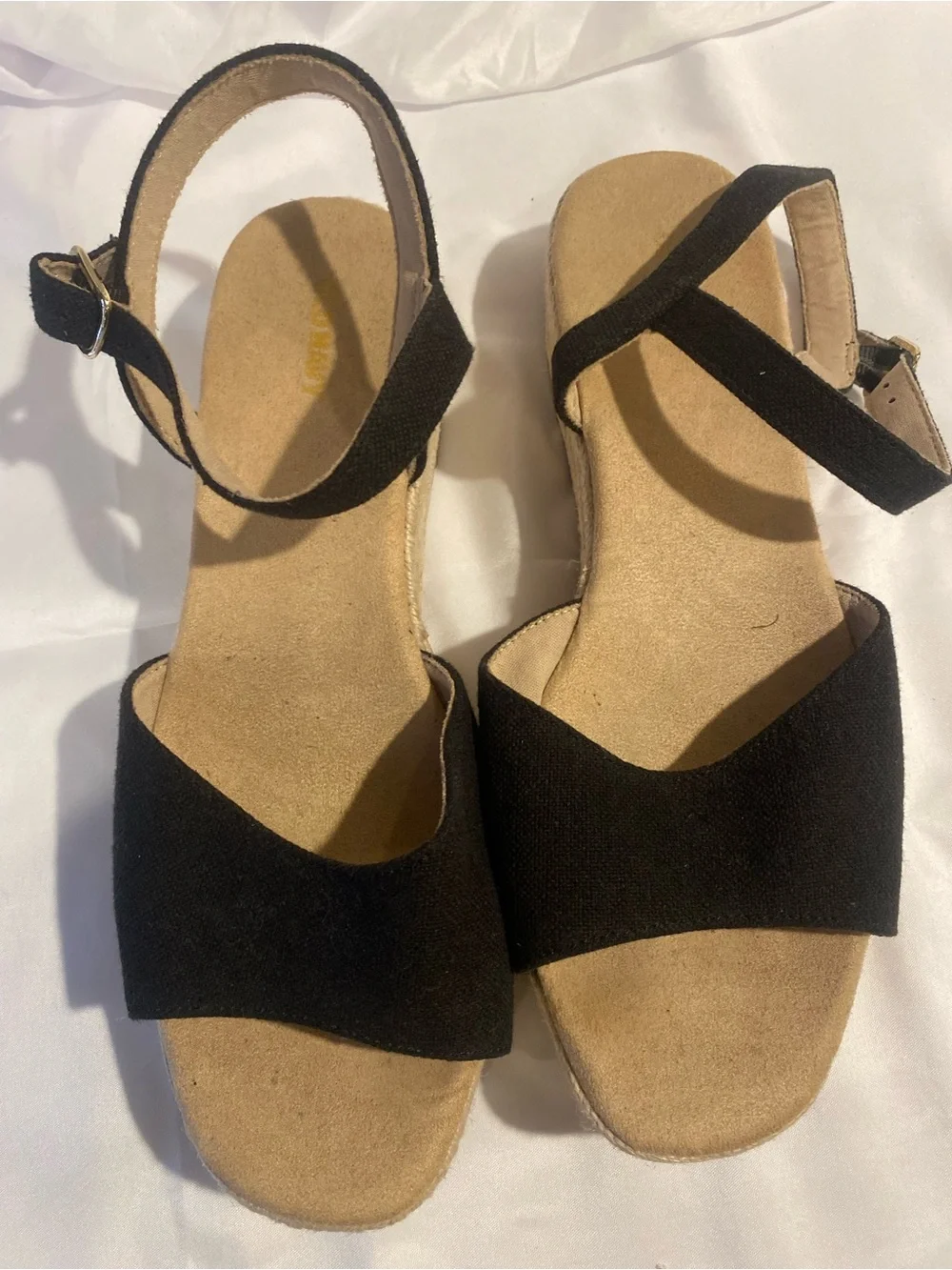 Old Navy Women’s Black Linen Espadrille Wedge Sandals Ankle Strap Buckle 10